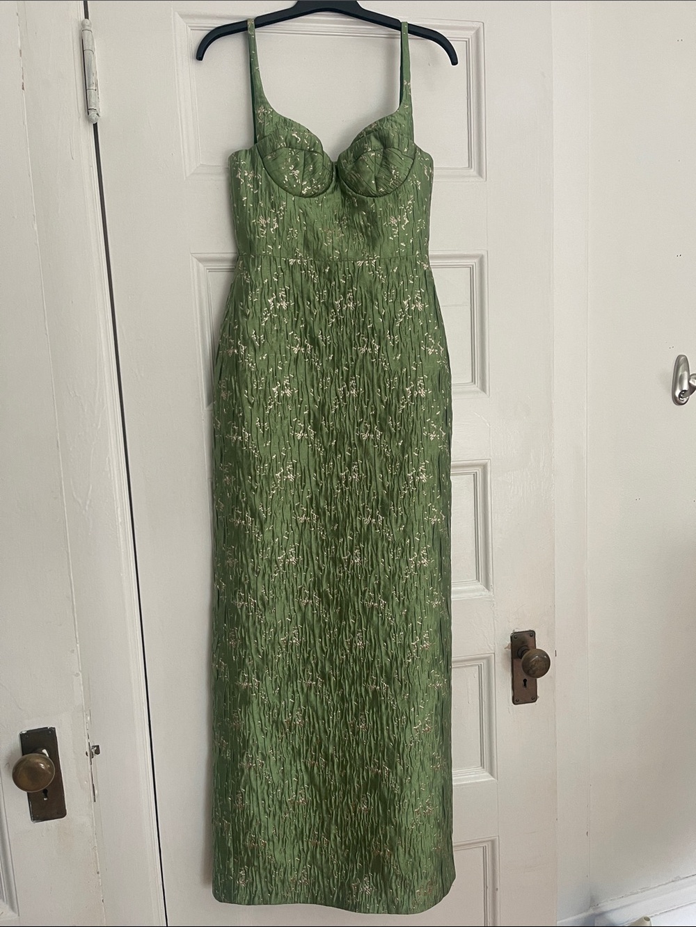 cult gaia green metallic-accent bustier column maxi dress